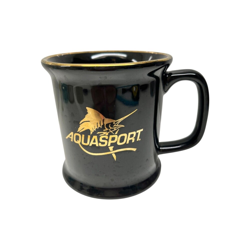 Vtg AQUASPORT Boats Coffee Mug Cup Florida Swordfish Black Gold Ceramic Fishing
